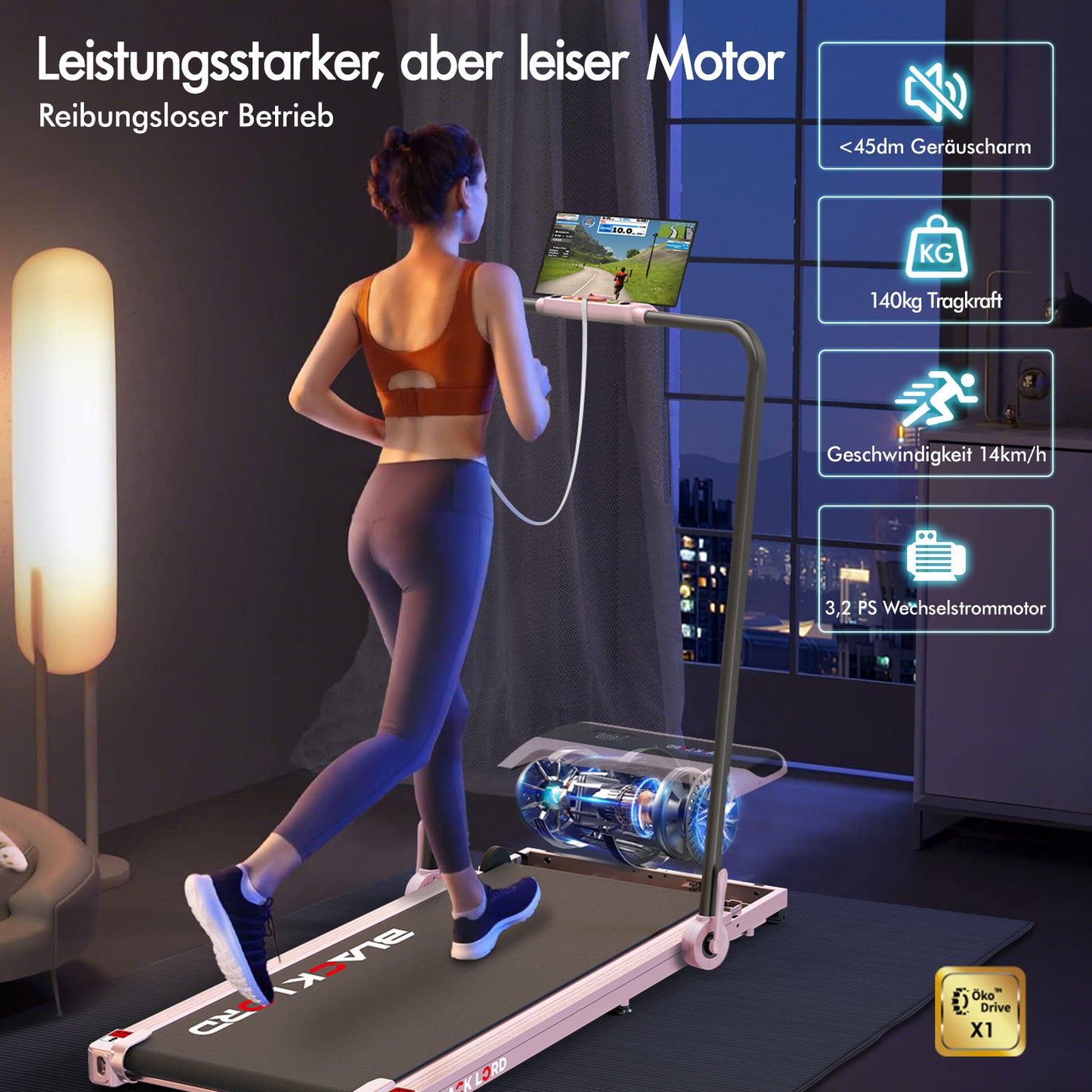 BLACK LORD Laufband Elektrisch Tretmühle Heim BüroNeigung Faltbar Rosa