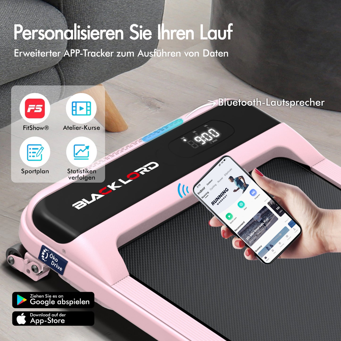 BLACK LORD Laufband Elektrisch Tretmühle  Zuhause Büro Fitnessstudio Steigung, Rosa