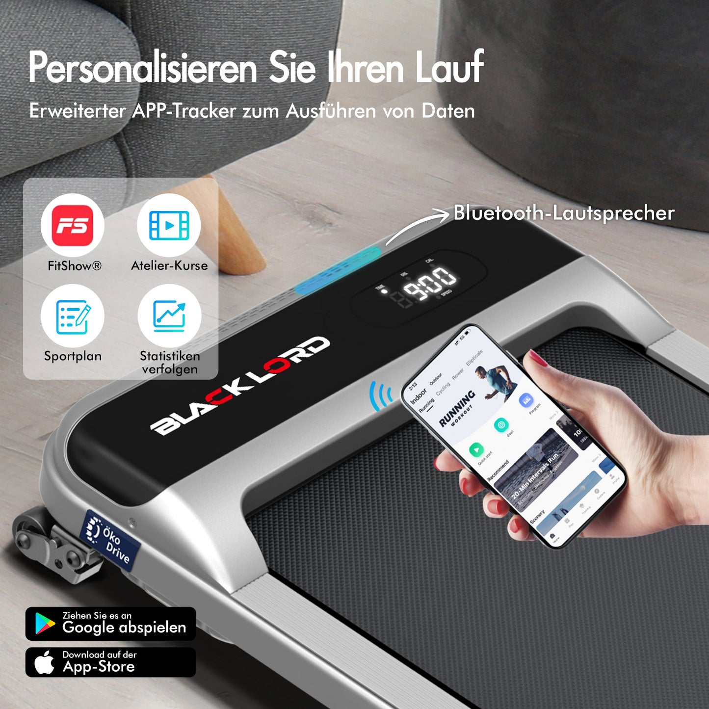 BLACK LORD Laufband Elektrisch Tretmühle  Zuhause Büro Fitnessstudio Steigung, Silber