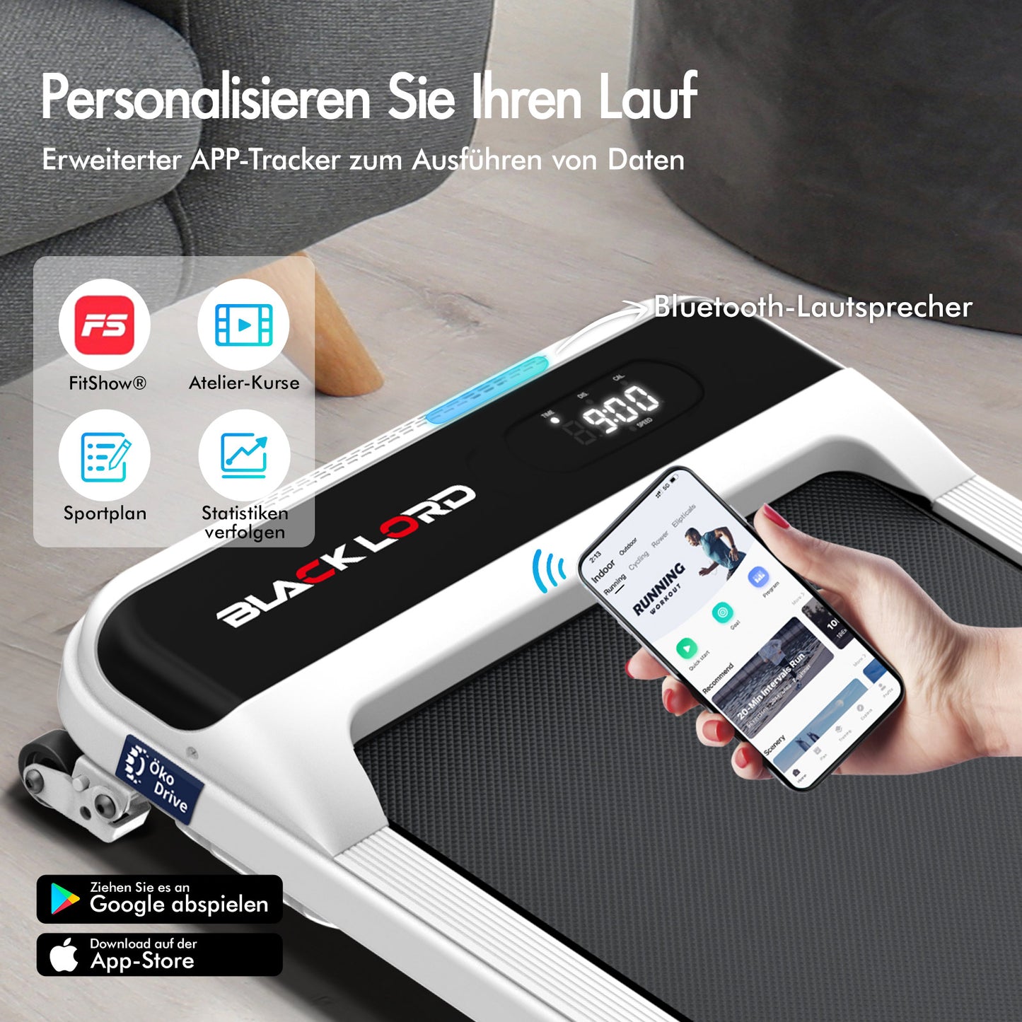 BLACK LORD Laufband Elektrisch Tretmühle  Zuhause Büro Fitnessstudio Steigung, Weiß