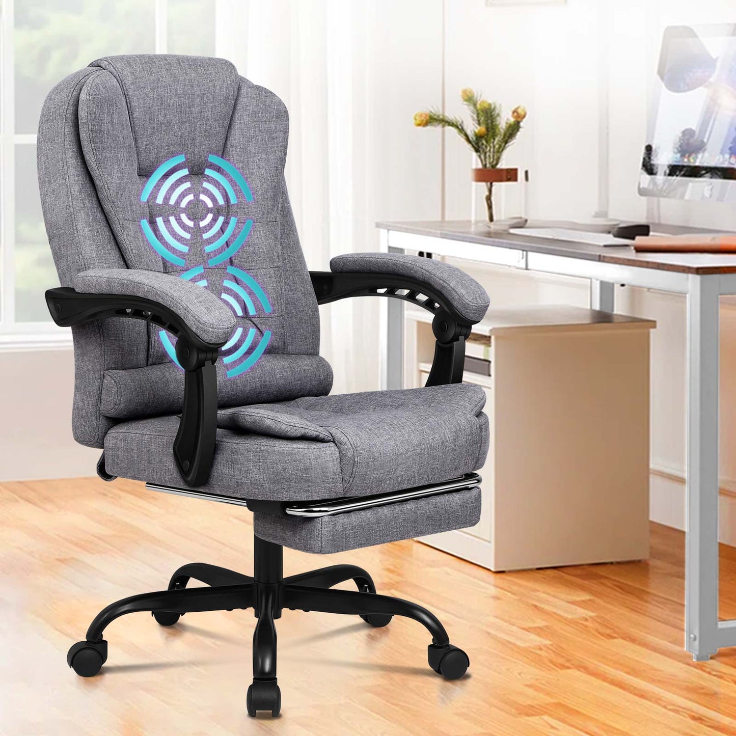 ALFORDSON Massage-Bürostuhl mit Fußstütze Grauer Stoff Executive-Gaming-Sitz