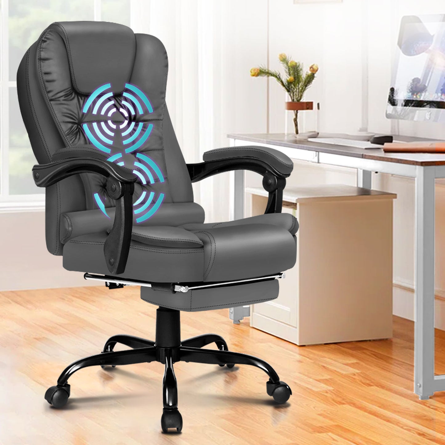 ALFORDSON Massage-Bürostuhl mit Fußstütze, Executive-Gaming-Sitz, PU-Leder Grau