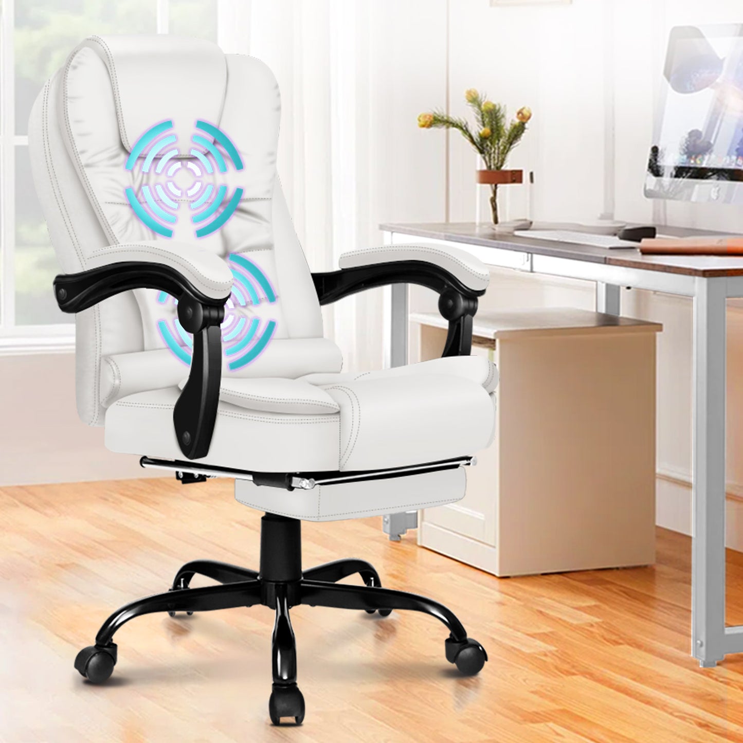 ALFORDSON Massage-Bürostuhl mit Fußstütze, Executive-Gaming-Sitz, PU-Leder Weiß
