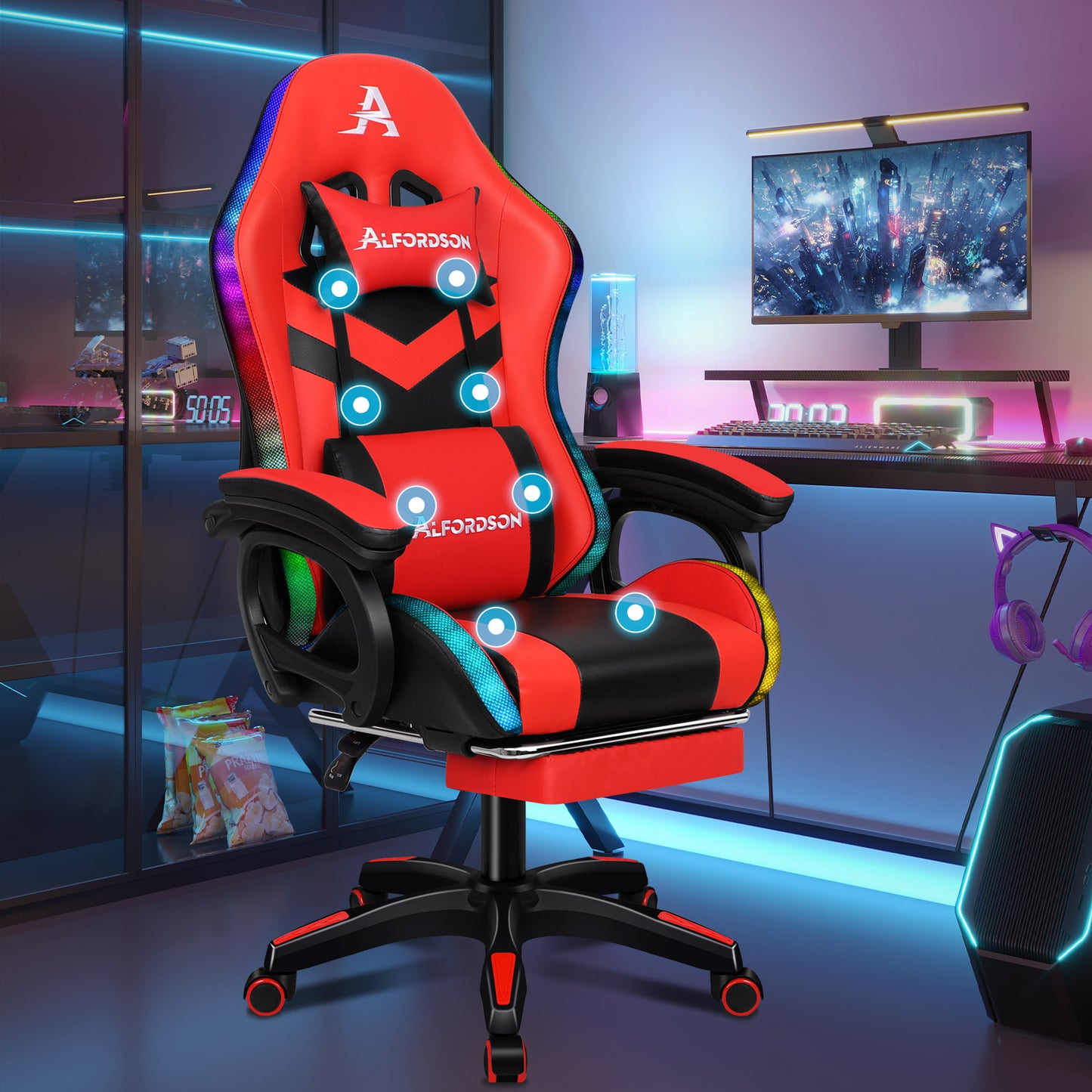 ALFORDSON Gaming Stuhl mit 8-Punkt Massage 12 Farben RGB LED-Licht Rot Schwarz