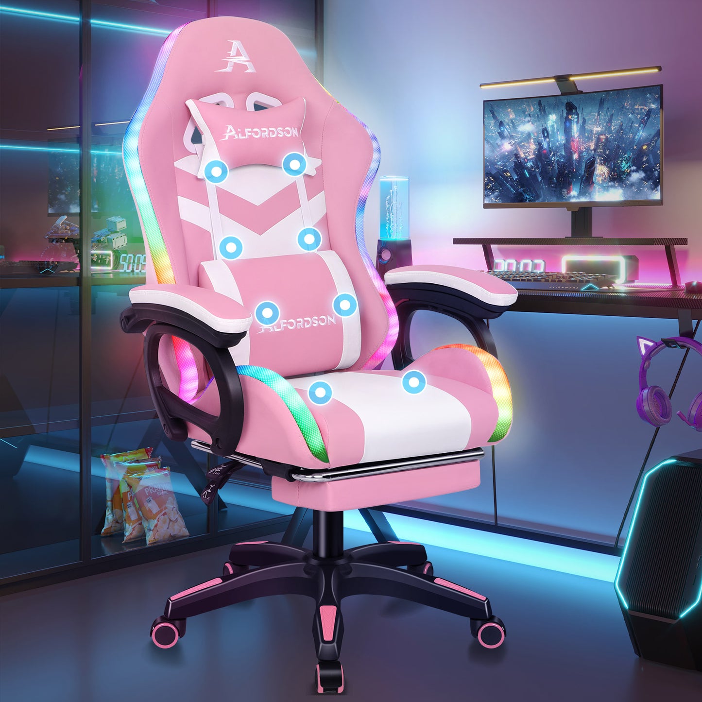 ALFORDSON Gaming Stuhl mit 8-Punkt Massage 12 Farben RGB LED-Licht Rosa & Weiß