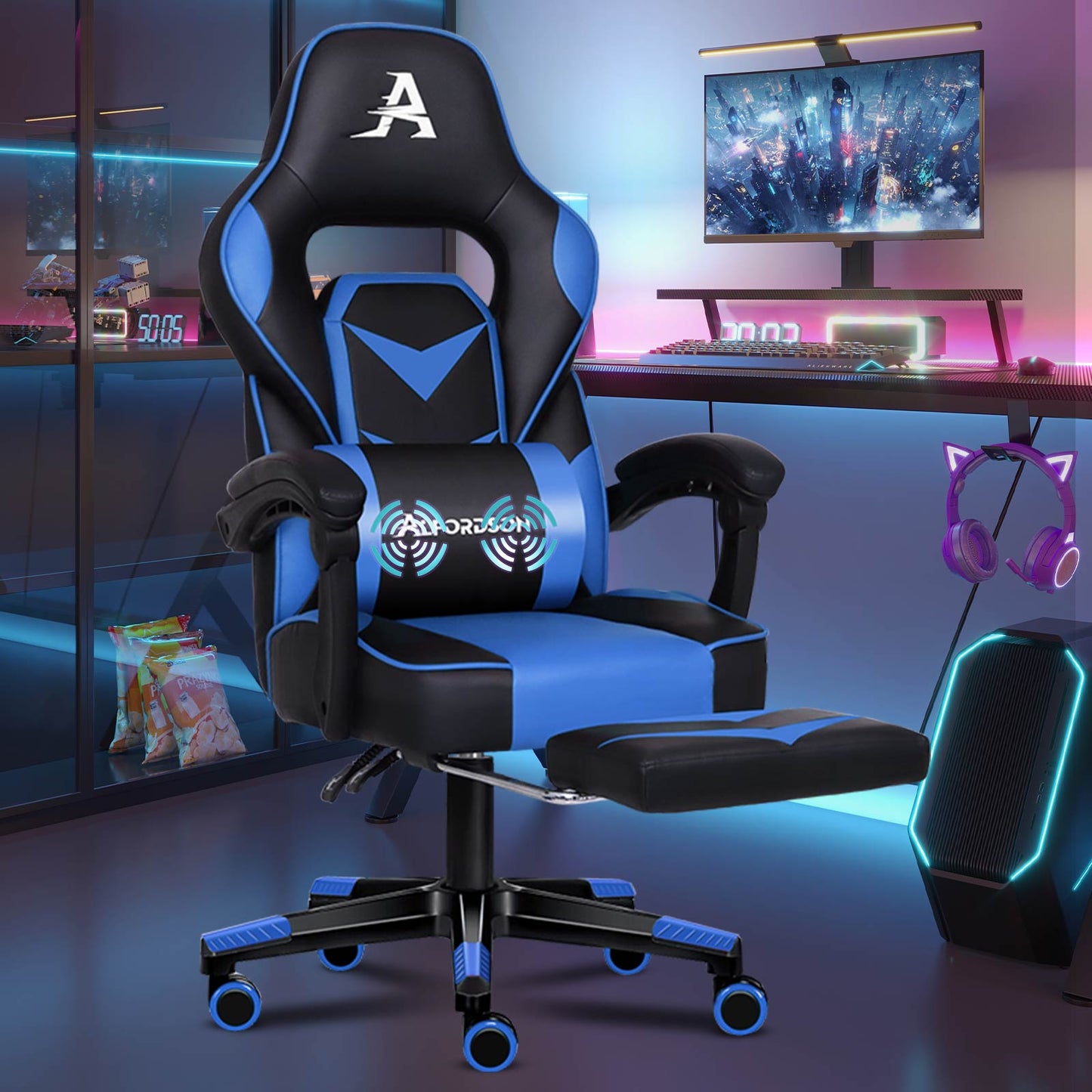 ALFORDSON Gaming-Stuhl Bürostuhl Dicke Polsterung Fußstütze Exekutive Blau
