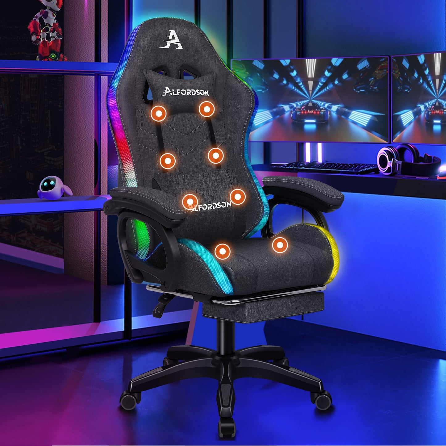 ALFORDSON Gaming Stuhl Büro 12 RGB LED Massage Computersitz Stoff Grau
