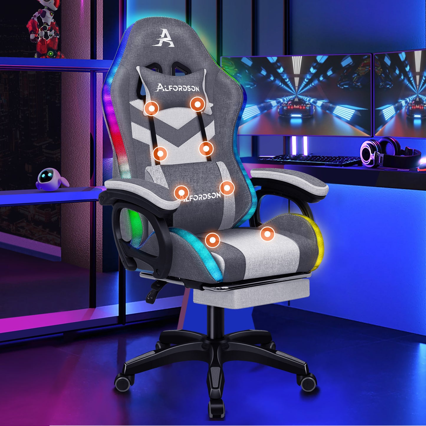 ALFORDSON Gaming Stuhl Büro 12 RGB LED Massage Computer Stoff Sitz Grau