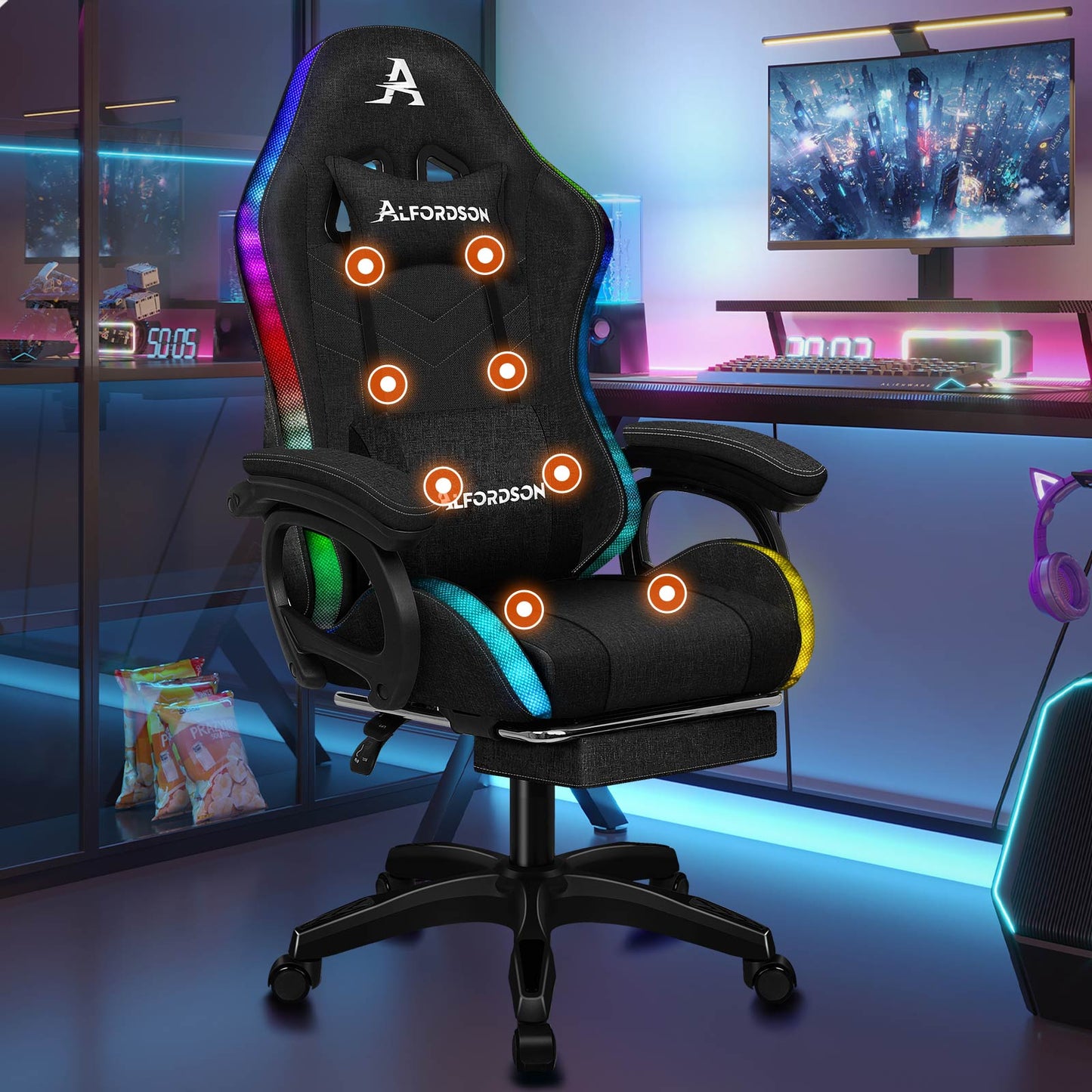 ALFORDSON Gaming Stuhl Büro 12 RGB LED Massage Computersitz Stoff Schwarz