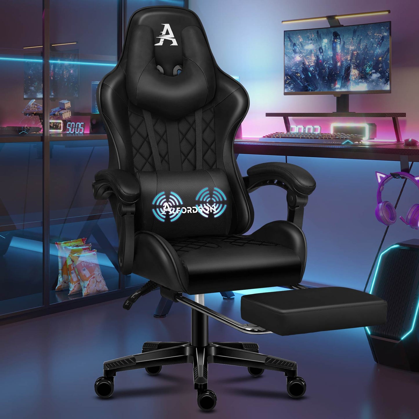 ALFORDSON Gaming Stuhl Office Racer Großes Lendenkissen Fußstütze Sitz Leder Schwarz