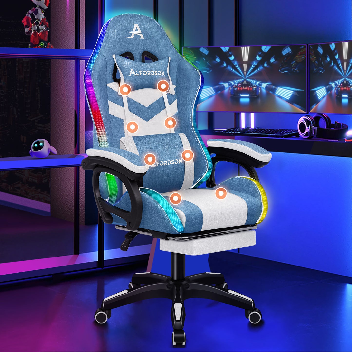 ALFORDSON Gaming Stuhl Büro 12 RGB LED Massage Computer Stoffsitz Blau