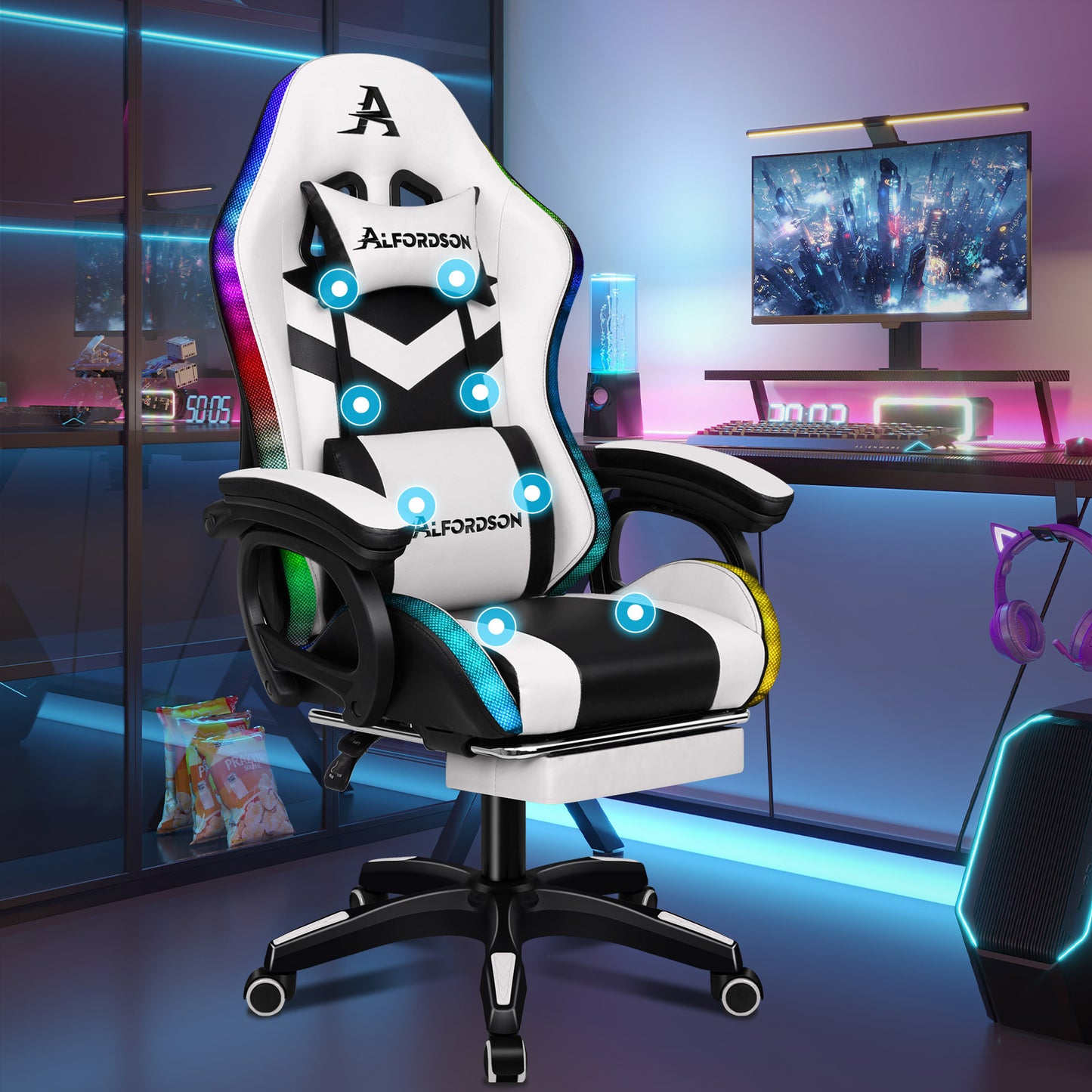 ALFORDSON Gaming Stuhl mit 8-Punkt Massage 12 Farben RGB LED-Licht Weiß & Schwarz