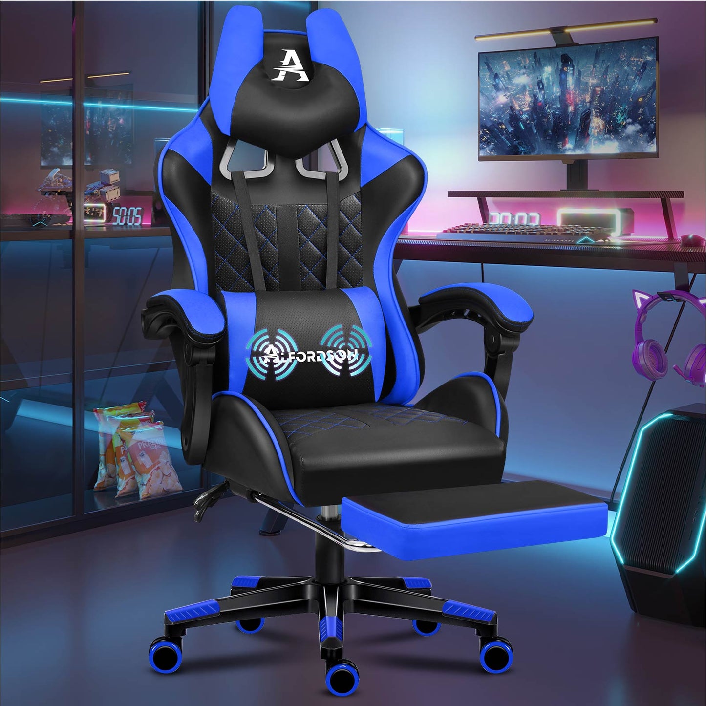 ALFORDSON Gaming Stuhl Office Racer Großes Lendenkissen Fußstütze Sitz Leder Blau