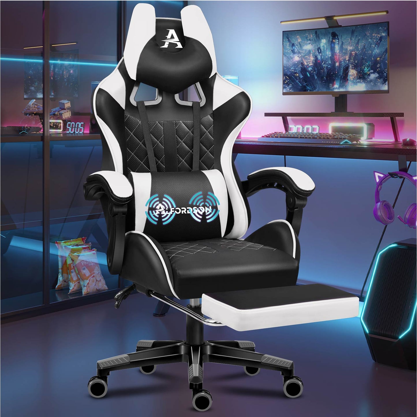ALFORDSON Gaming Stuhl Office Racer Großes Lendenkissen Fußstütze Sitz Leder Weiß