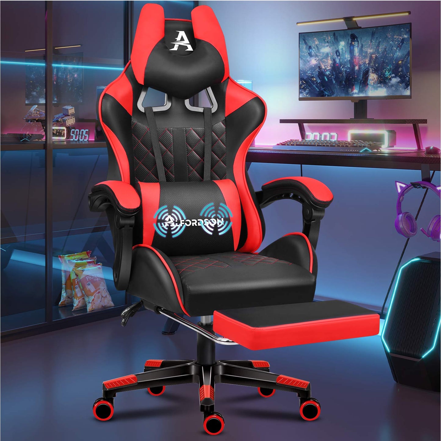 ALFORDSON Gaming Stuhl Office Racer Großes Lendenkissen Fußstütze Sitz Leder Rot
