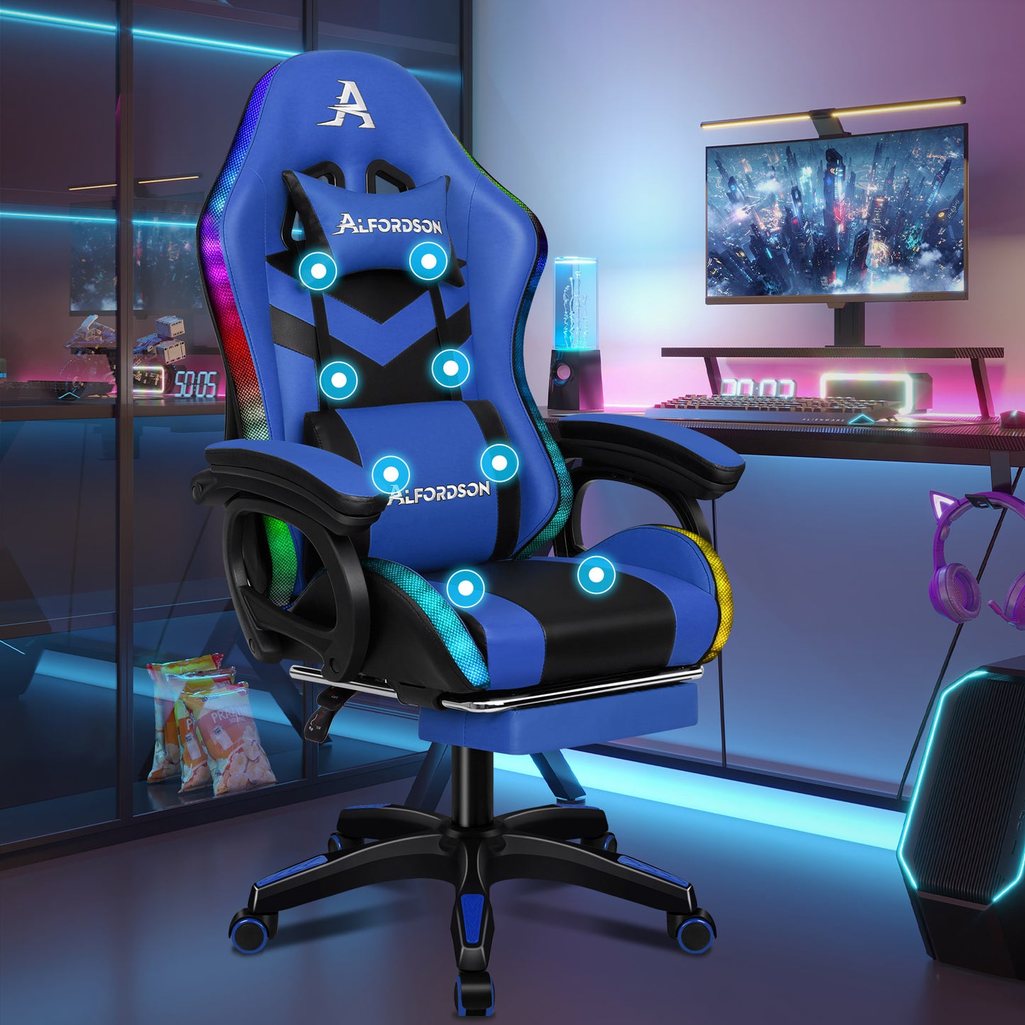 ALFORDSON Gaming Stuhl mit 8-Punkt Massage 12 Farben RGB LED-Licht Blau & Schwarz