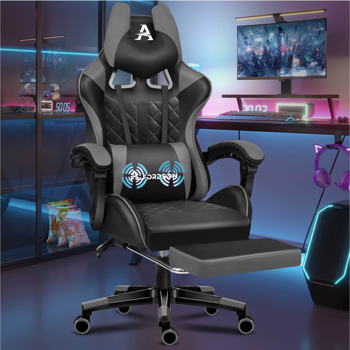 ALFORDSON Gaming Stuhl Office Racer Großes Lendenkissen Fußstütze Sitz Leder Grau