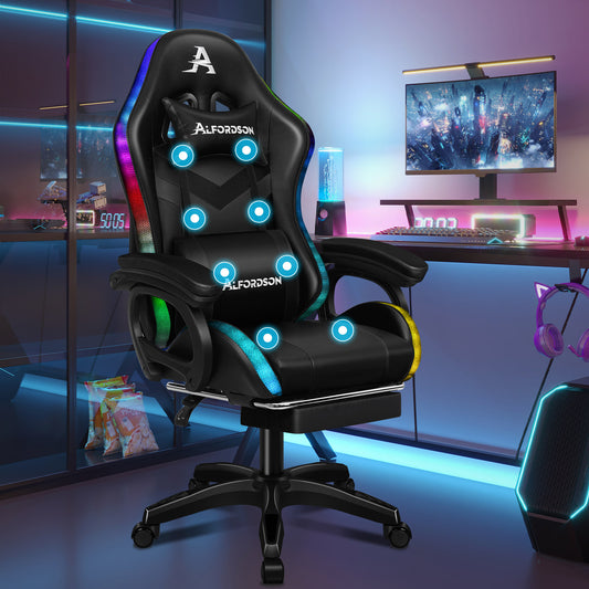 ALFORDSON Gaming Stuhl mit 8-Punkt Massage 12 Farben RGB LED-Licht Schwarz