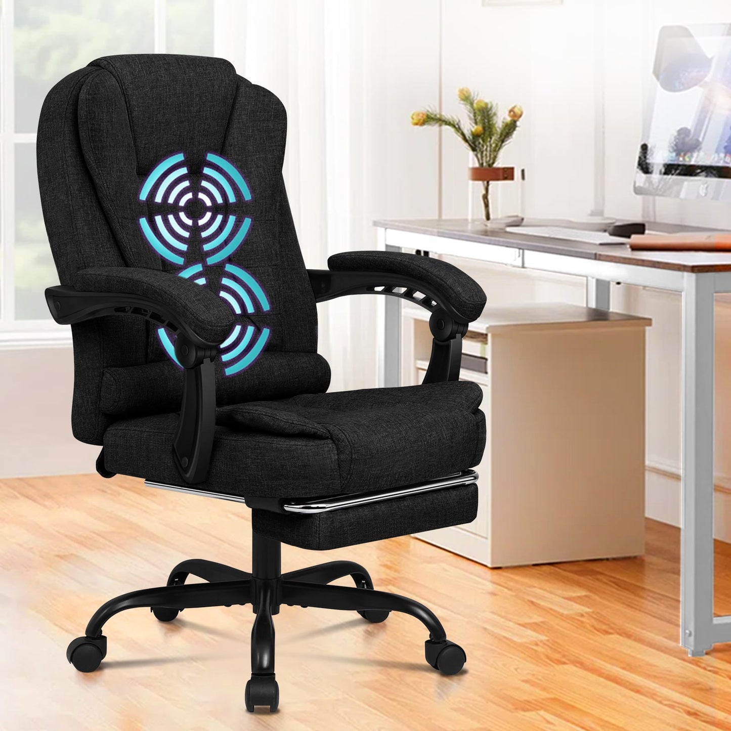ALFORDSON Massage-Bürostuhl mit Fußstütze Schwarzer Stoff Executive-Gaming-Sitz