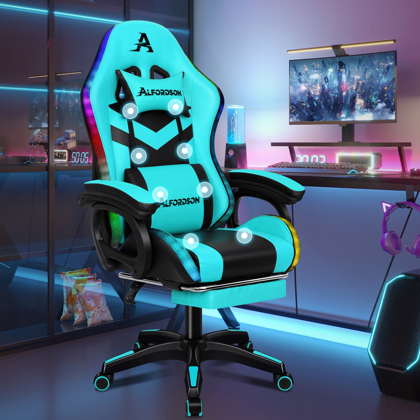 ALFORDSON Gaming Stuhl mit 8-Punkt Massage 12 Farben RGB LED-Licht Cyan Schwarz