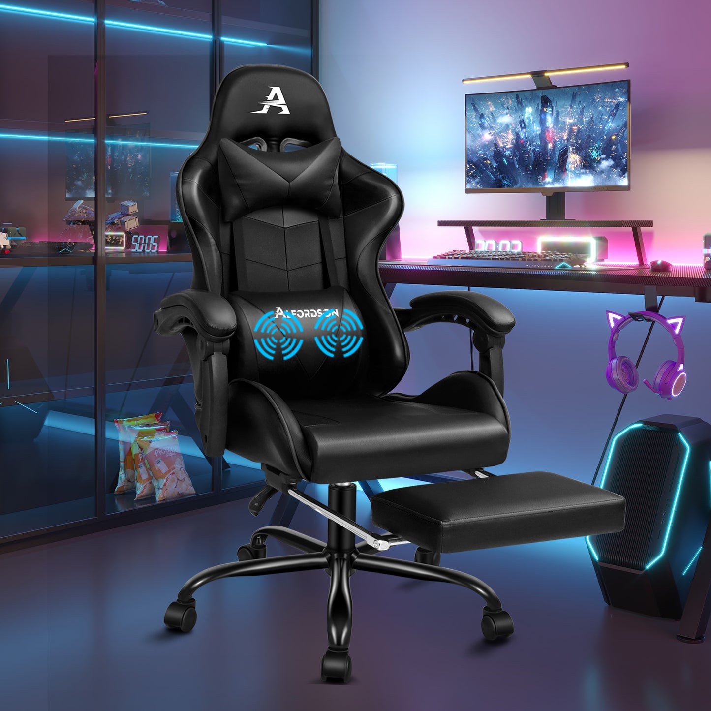 ALFORDSON Gaming Stuhl Bürostuhl Racing Stuhl Fußstütze Sitz PU Leder Schwarz