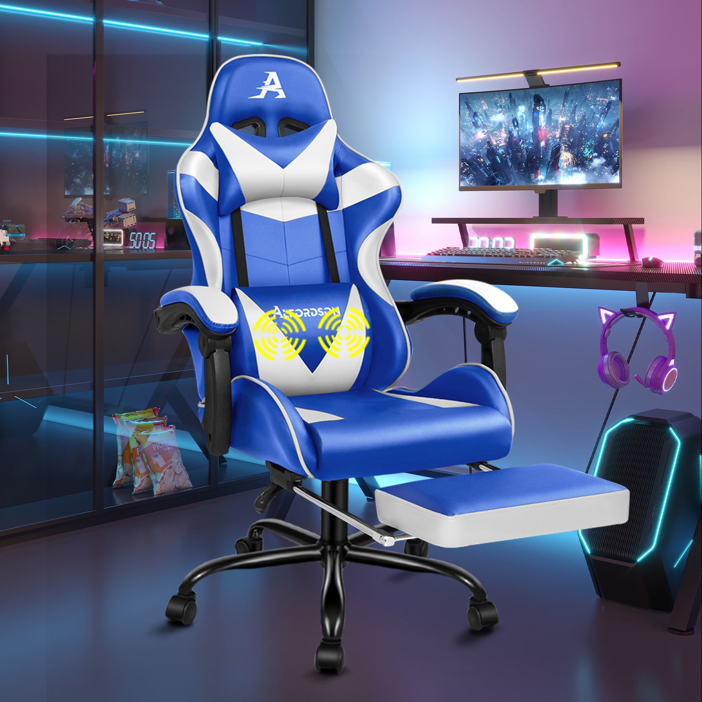 ALFORDSON Gaming Stuhl Bürostuhl Racing Stuhl Fußstütze Sitz PU Leder Weiß Schwarz
