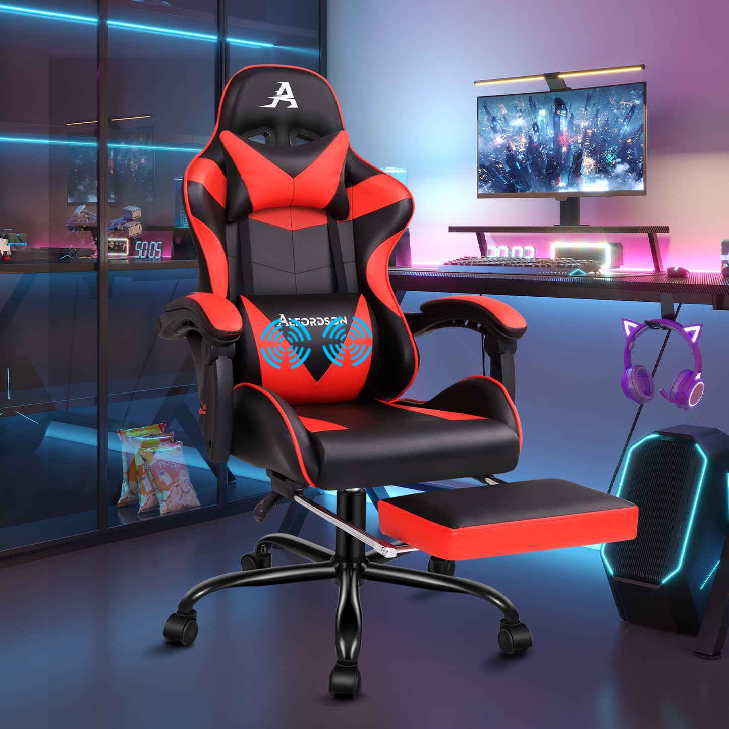 ALFORDSON Gaming Stuhl Bürostuhl Racing Stuhl Fußstütze Sitz PU Leder Rot