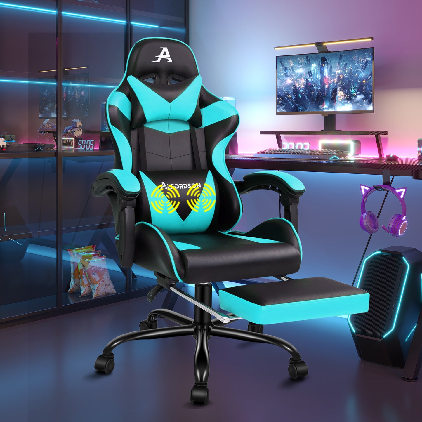 ALFORDSON Gaming Stuhl Bürostuhl Racing Stuhl Fußstütze Sitz PU Leder Cyan