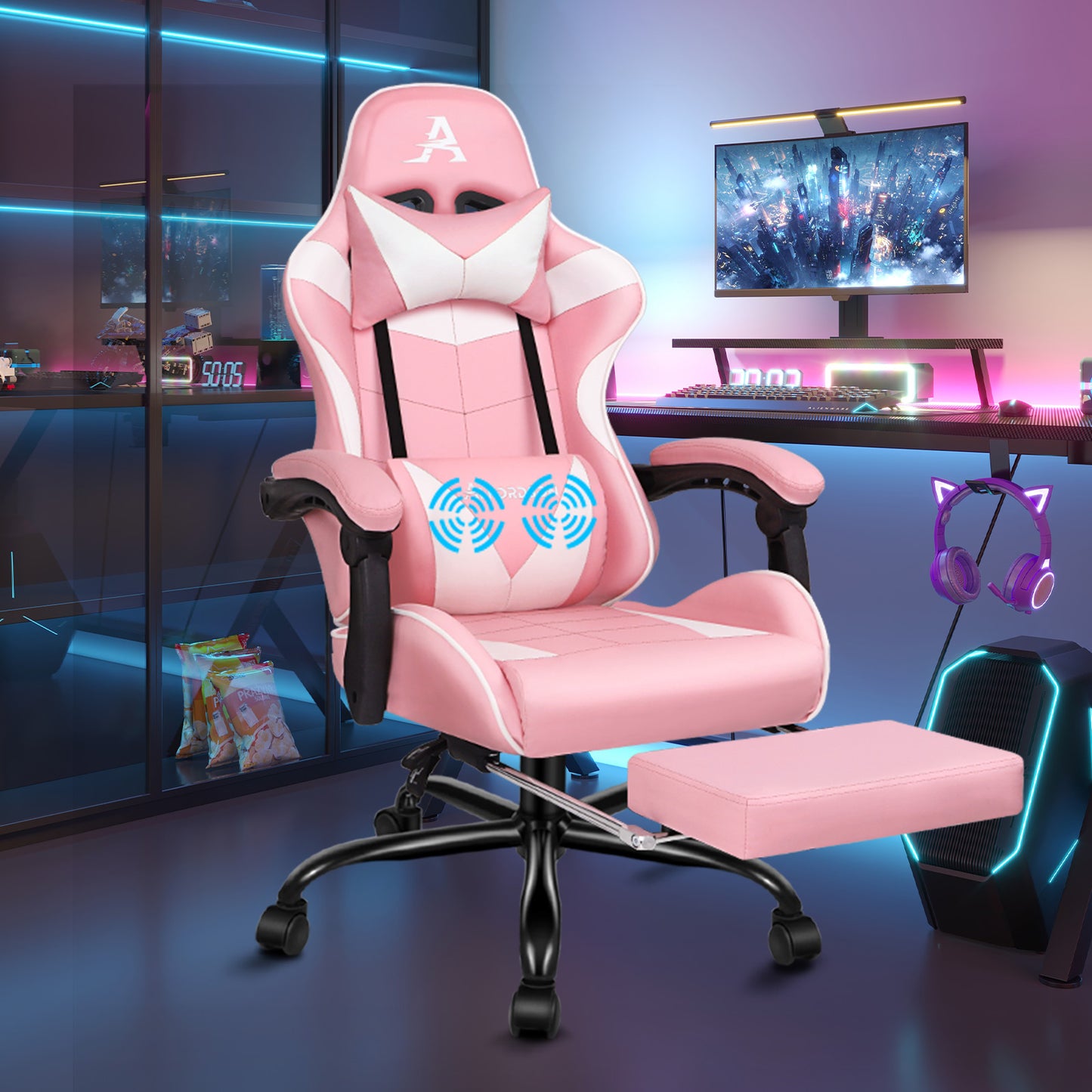 ALFORDSON Gaming Stuhl Bürostuhl Racing Stuhl Fußstütze Sitz PU Leder Rosa