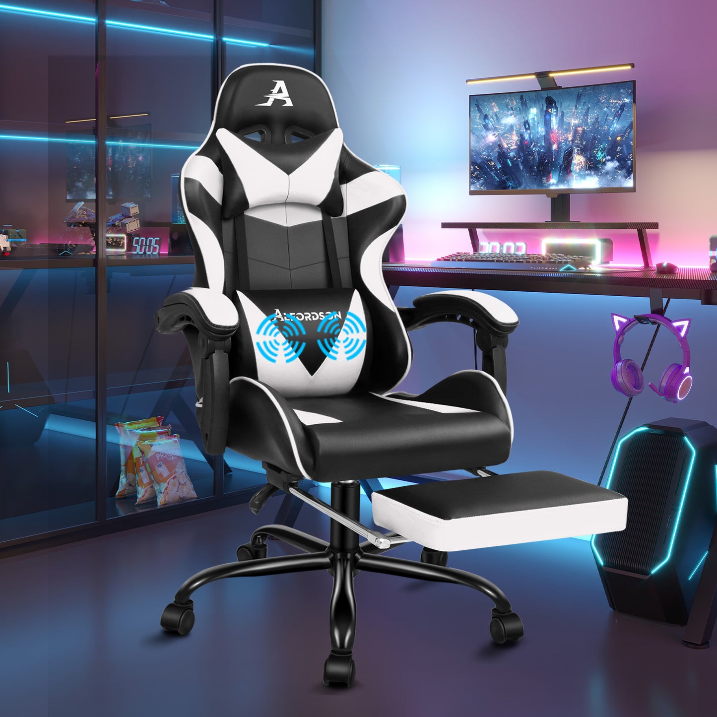 ALFORDSON Gaming Stuhl Bürostuhl Racing Stuhl Fußstütze Sitz PU Leder Weiß