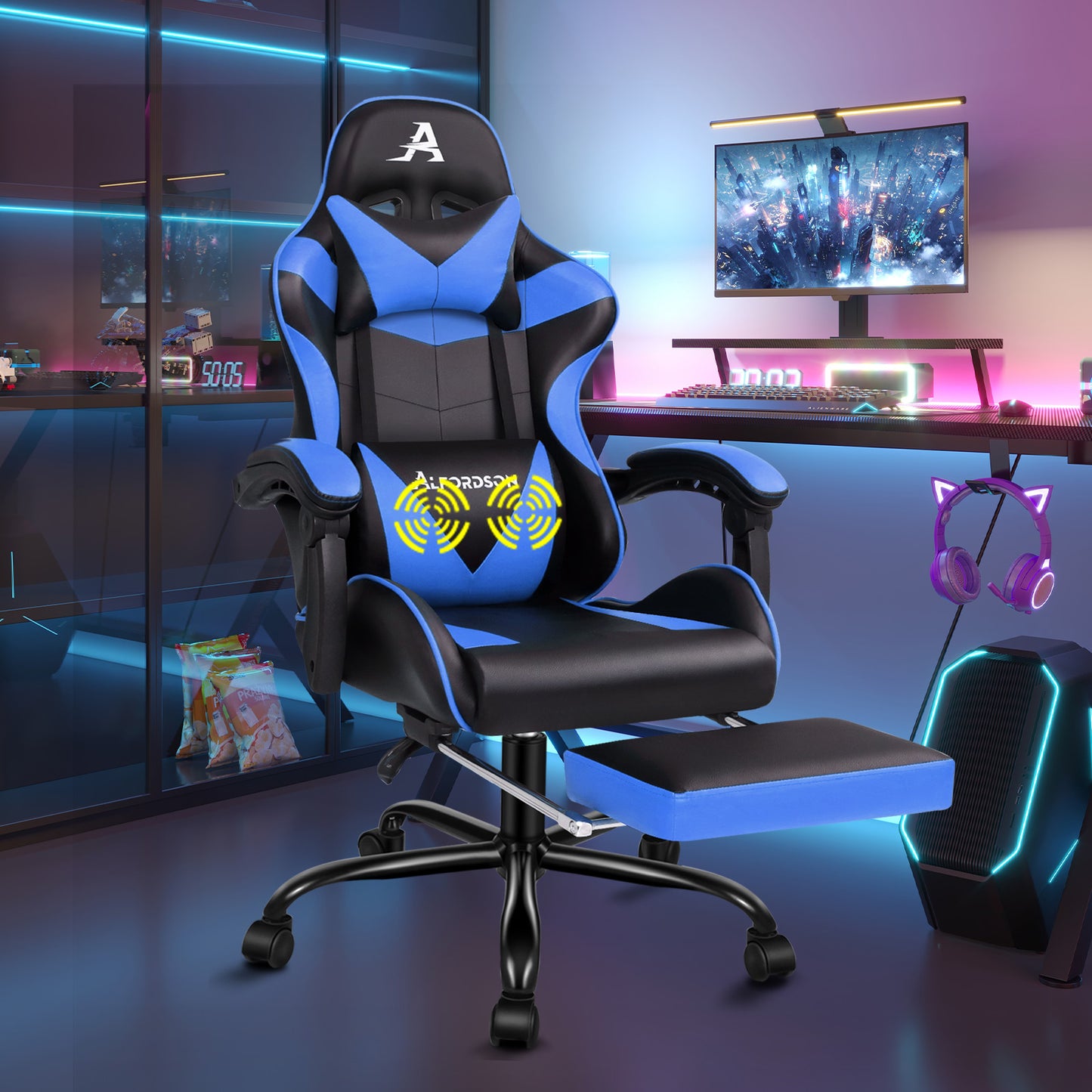 ALFORDSON Gaming Stuhl Bürostuhl Racing Stuhl Fußstütze Sitz PU Leder Blau
