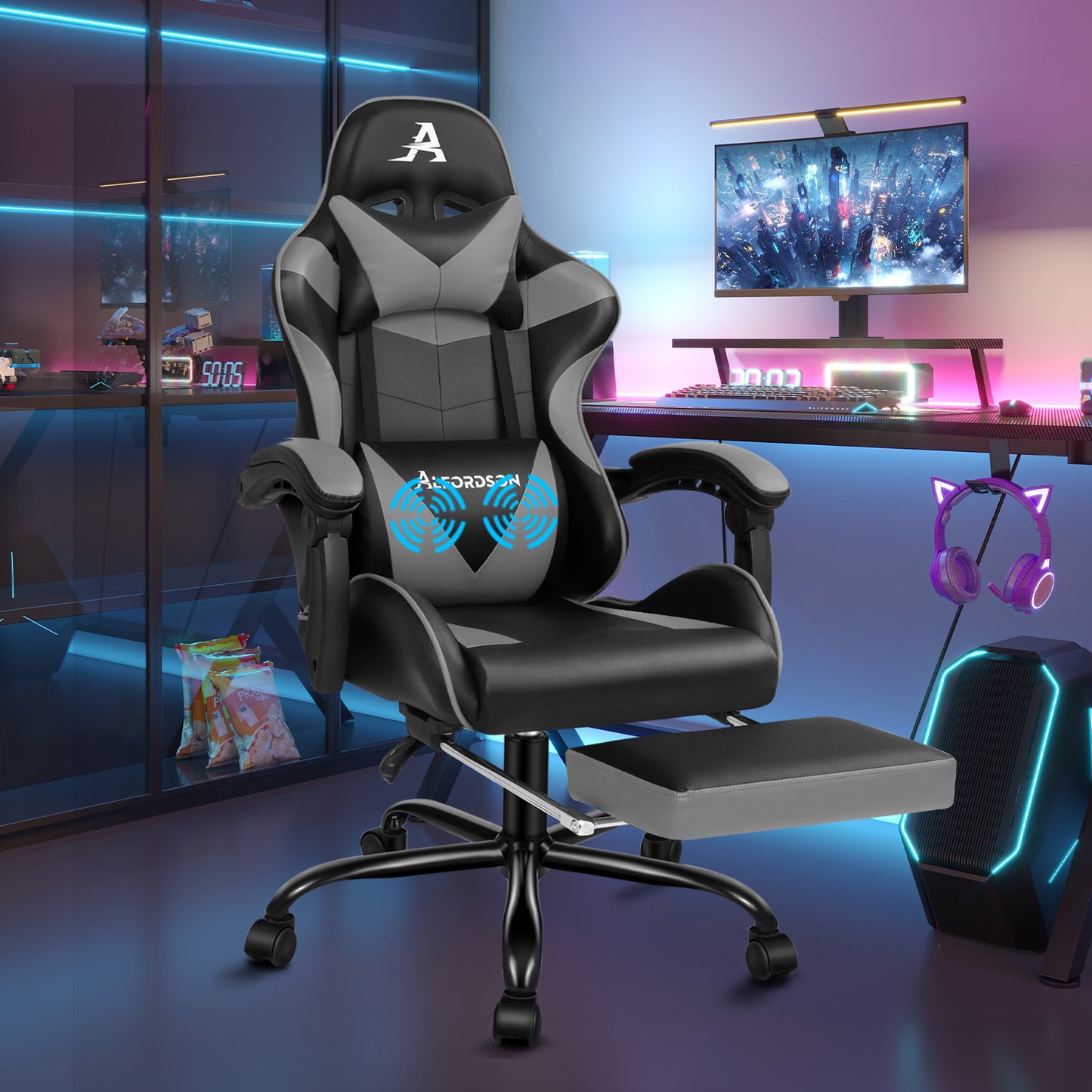 ALFORDSON Gaming Stuhl Bürostuhl Racing Stuhl Fußstütze Sitz PU Leder Grau