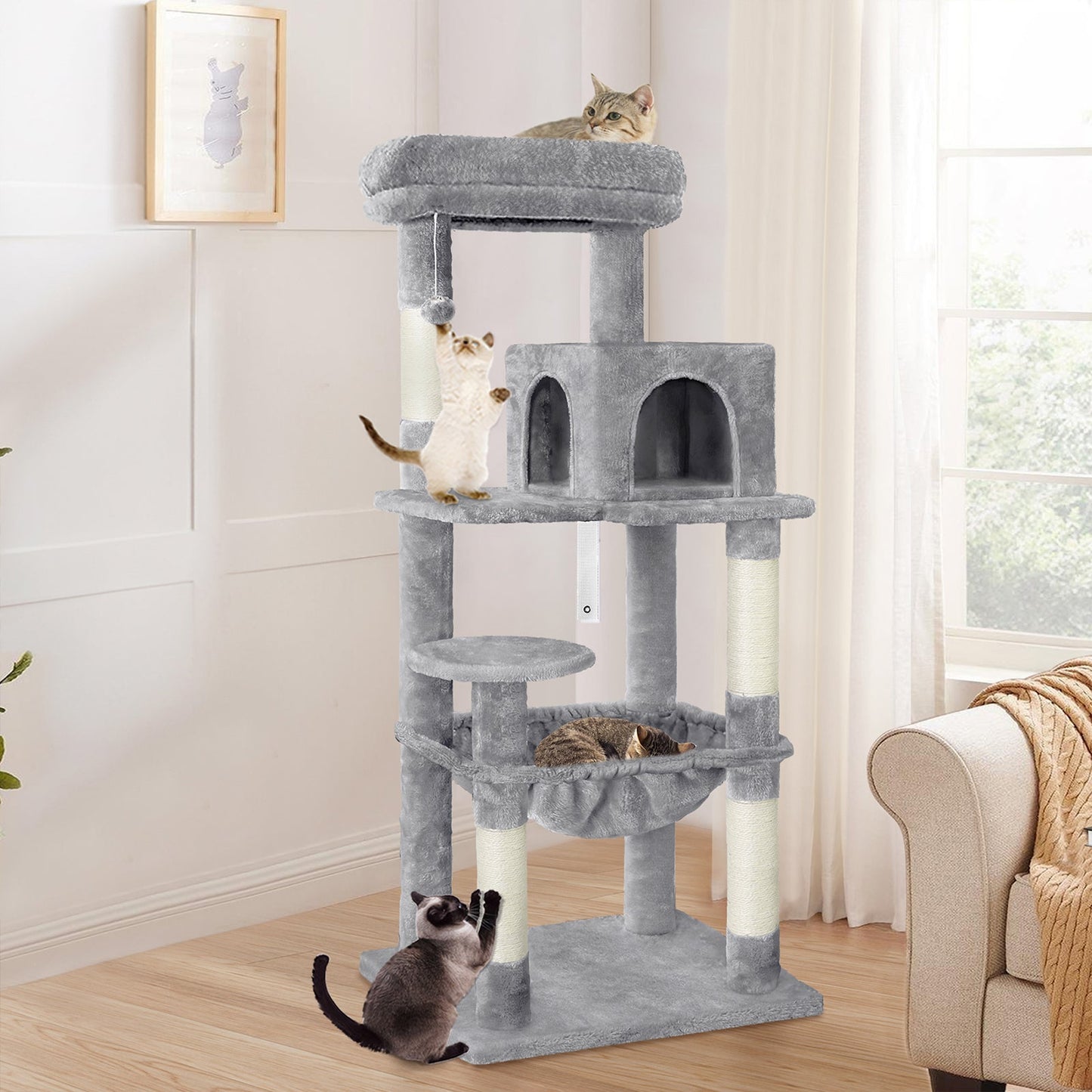 Árbol para gatos con hamaca, gris claro, 143 cm
