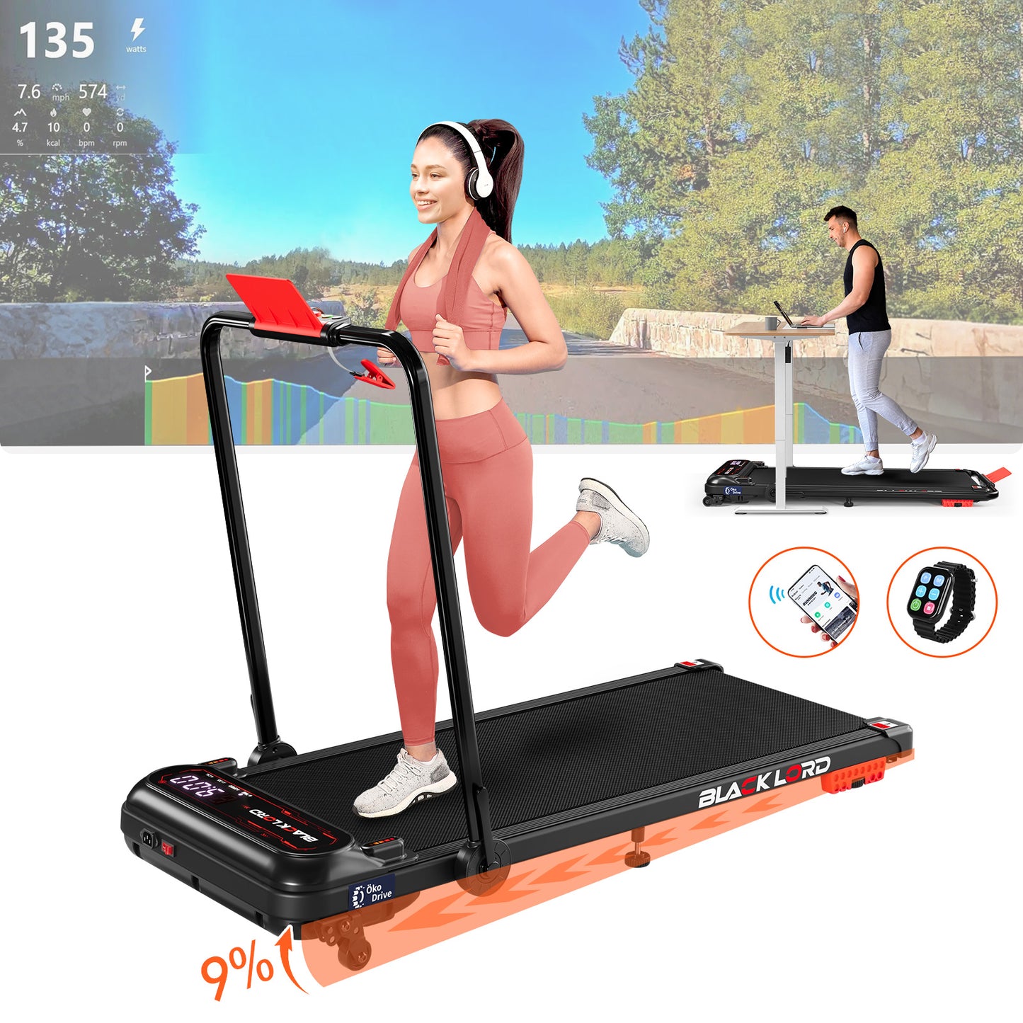 BLACK LORD Laufband Elektrisch Lauffläche Steigung Stoßdämpfer Fitnessstudio