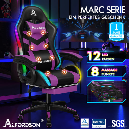 ALFORDSON Gaming Stuhl mit 8-Punkt Massage 12 Farben RGB LED-Licht Schwarz