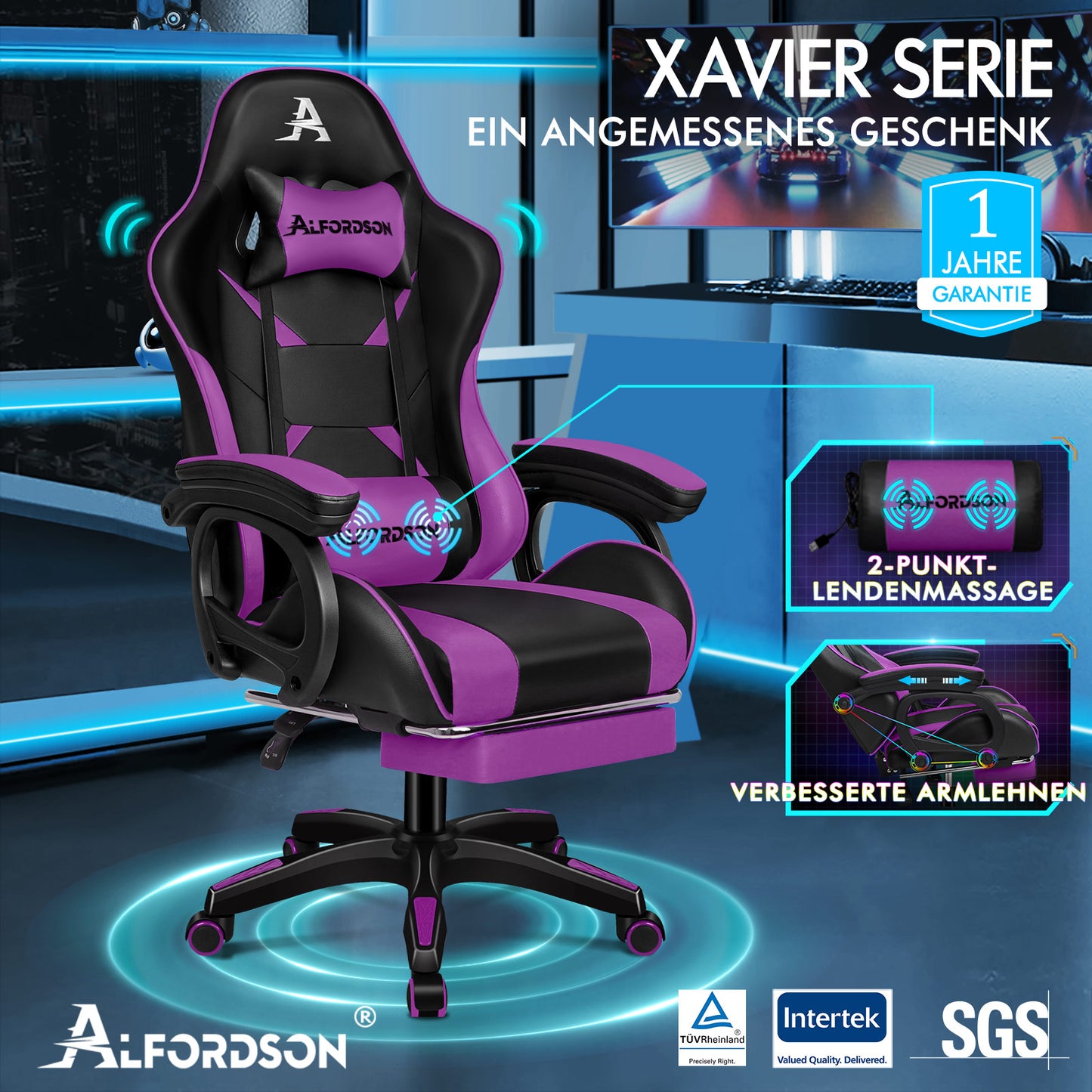 ALFORDSON Gaming-Stuhl 2-Punkt-Massage Bürostuhl Fußstütze Computerstuhl Lila