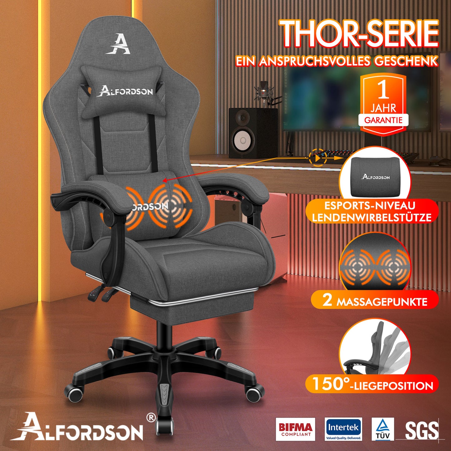 ALFORDSON Massage Bürostuhl Gaming Executive Sitz Leinenstoff Computer Racer, Kunstleder, Schwarz