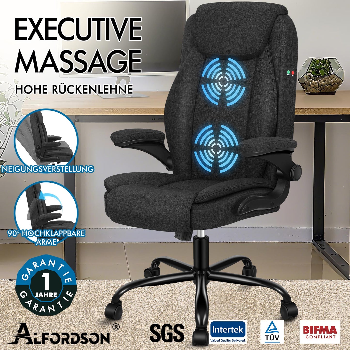 ALFORDSON Massage Bürostuhl Ergonomischer Executive Computer Gaming Stoff Schwarz