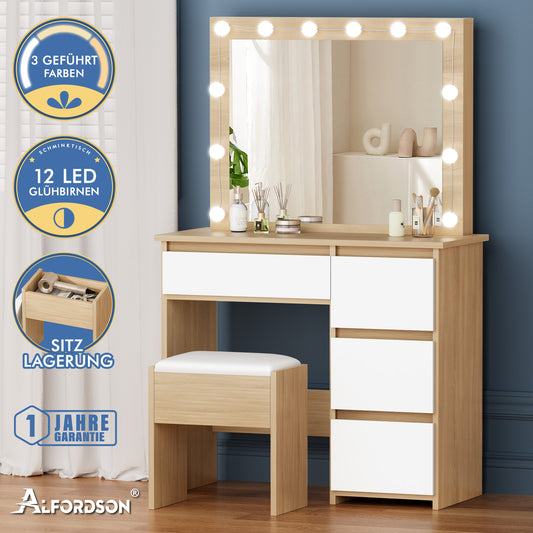 ALFORDSON Frisiertisch-Hocker-Set Schminktisch LED Spiegel Schrank Schlafzimmer