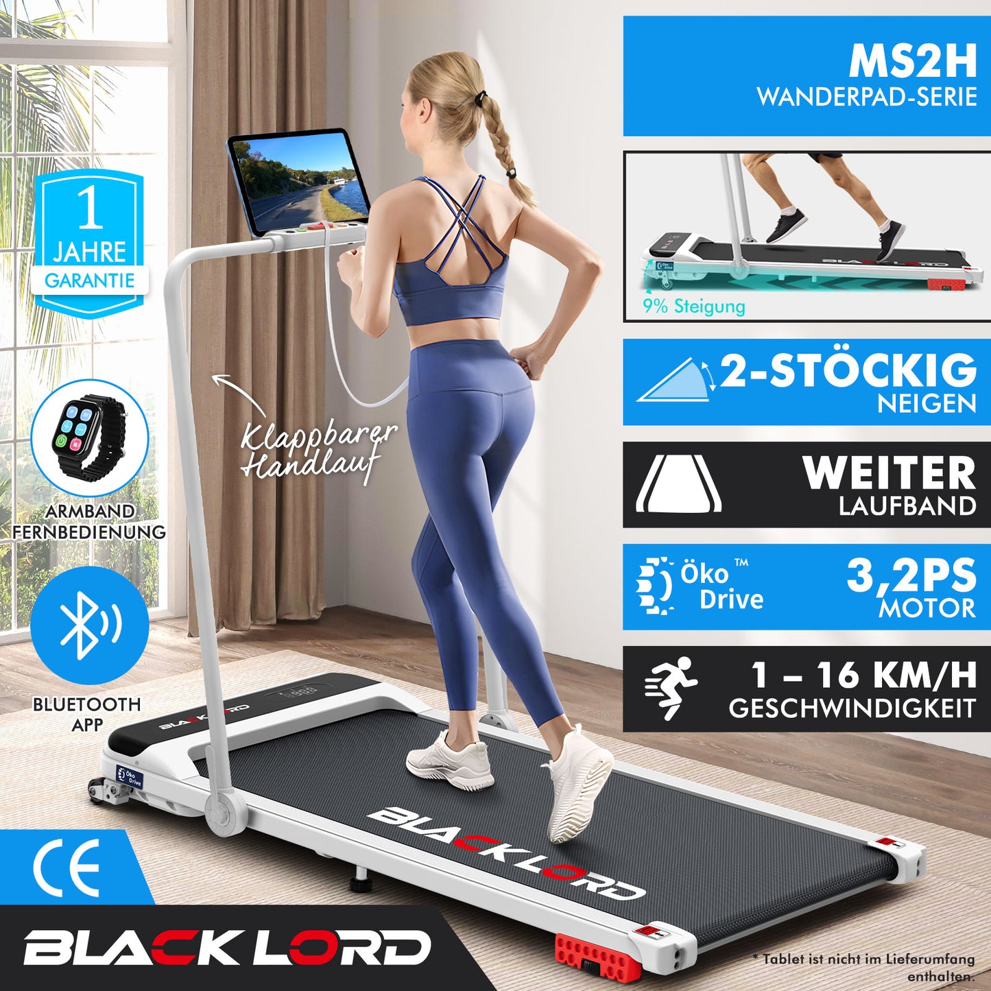 BLACK LORD Laufband Elektrisch Tretmühle Heim BüroNeigung Faltbar Weiß