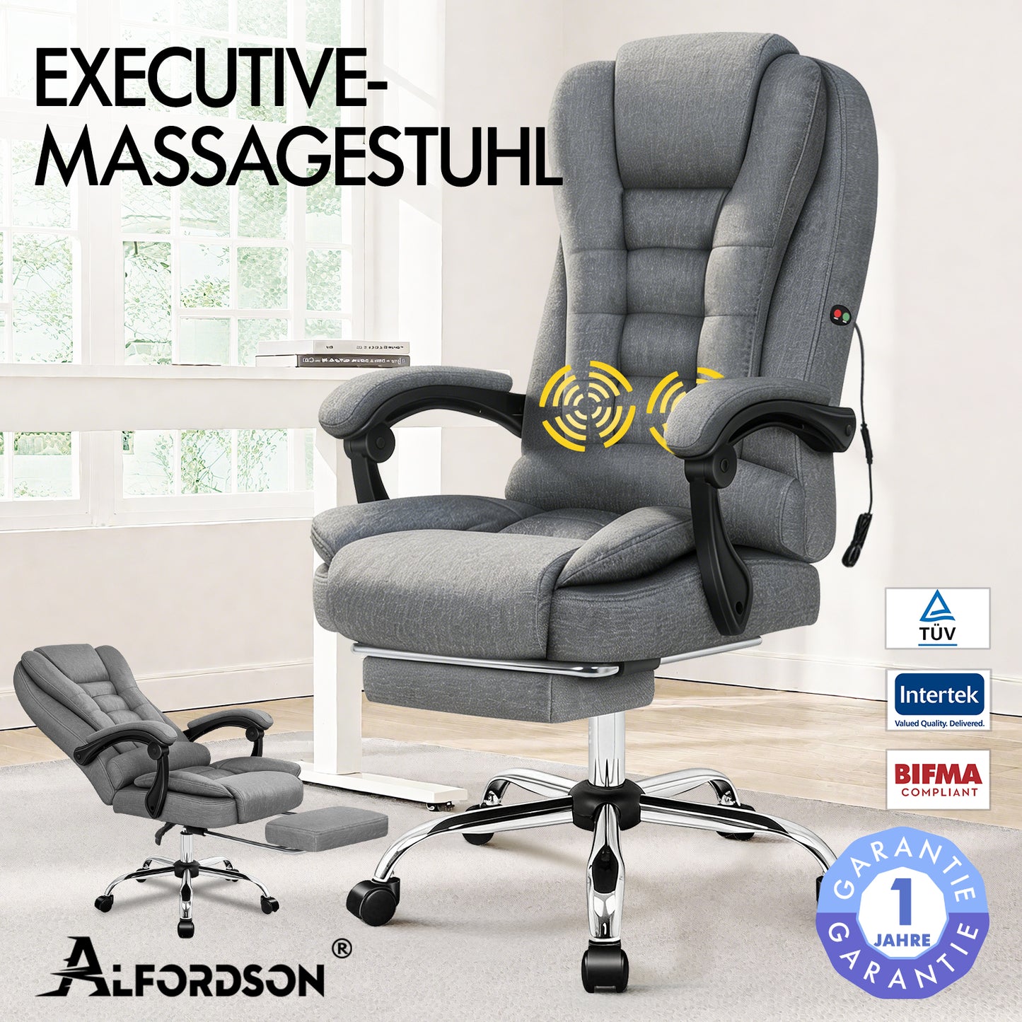 ALFORDSON Massage Bürostuhl Executive Sitz Stoff Gaming Computer Racer, Grau