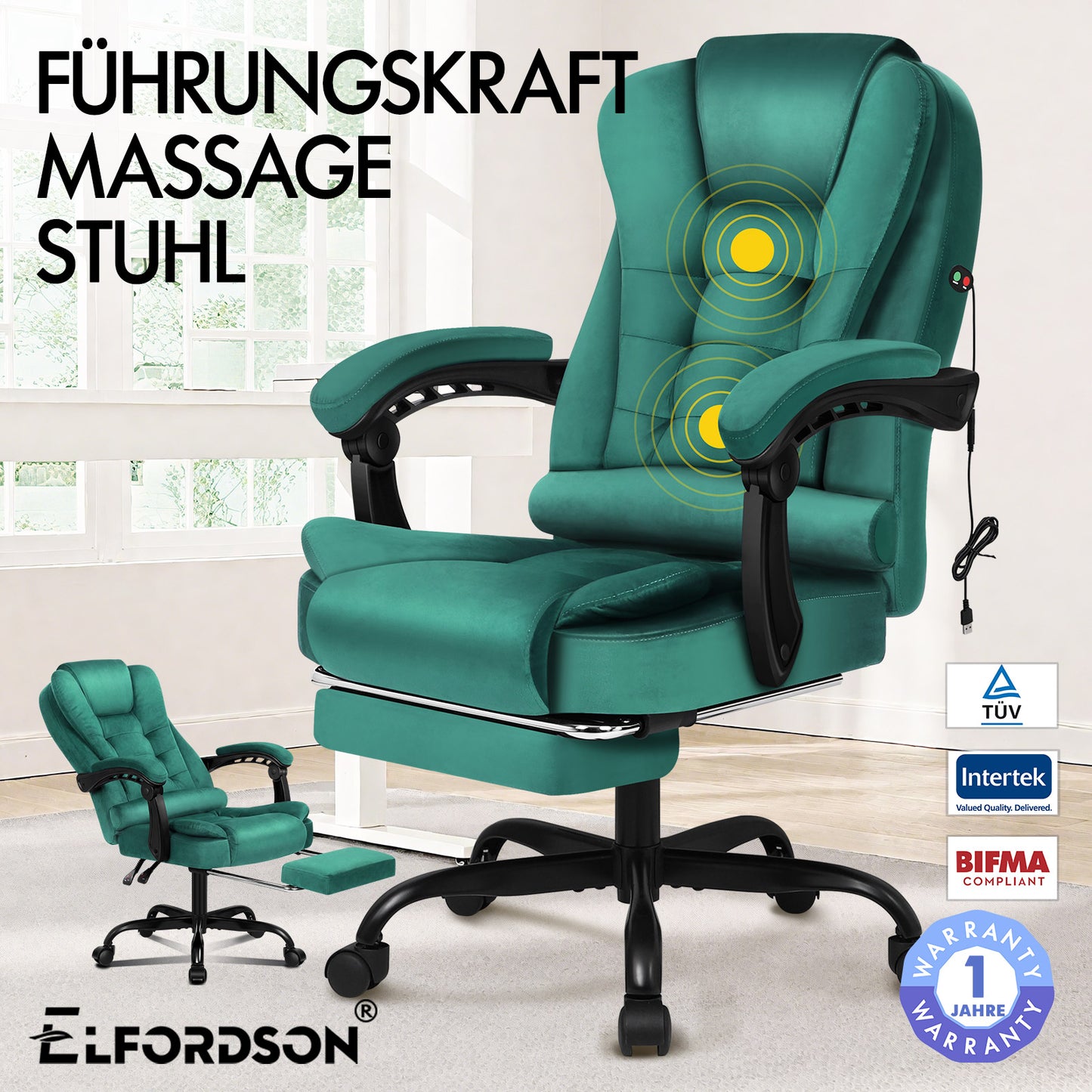 ELFORDSON Massage-Bürostuhl mit Fußstütze Samt Grün Executive-Gaming-Sitz