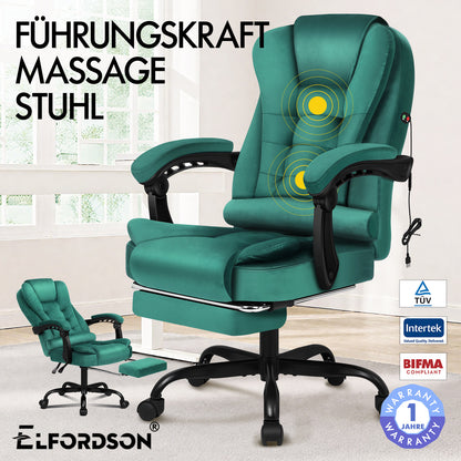 ELFORDSON Massage-Bürostuhl mit Fußstütze Samt Grün Executive-Gaming-Sitz