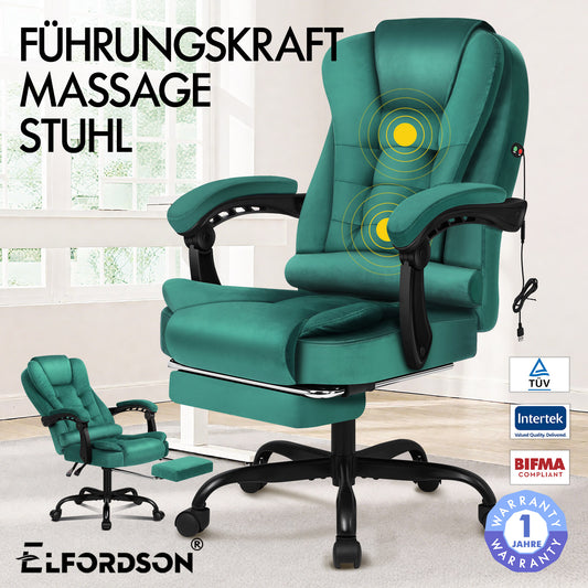 ELFORDSON Massage-Bürostuhl mit Fußstütze Samt Grün Executive-Gaming-Sitz