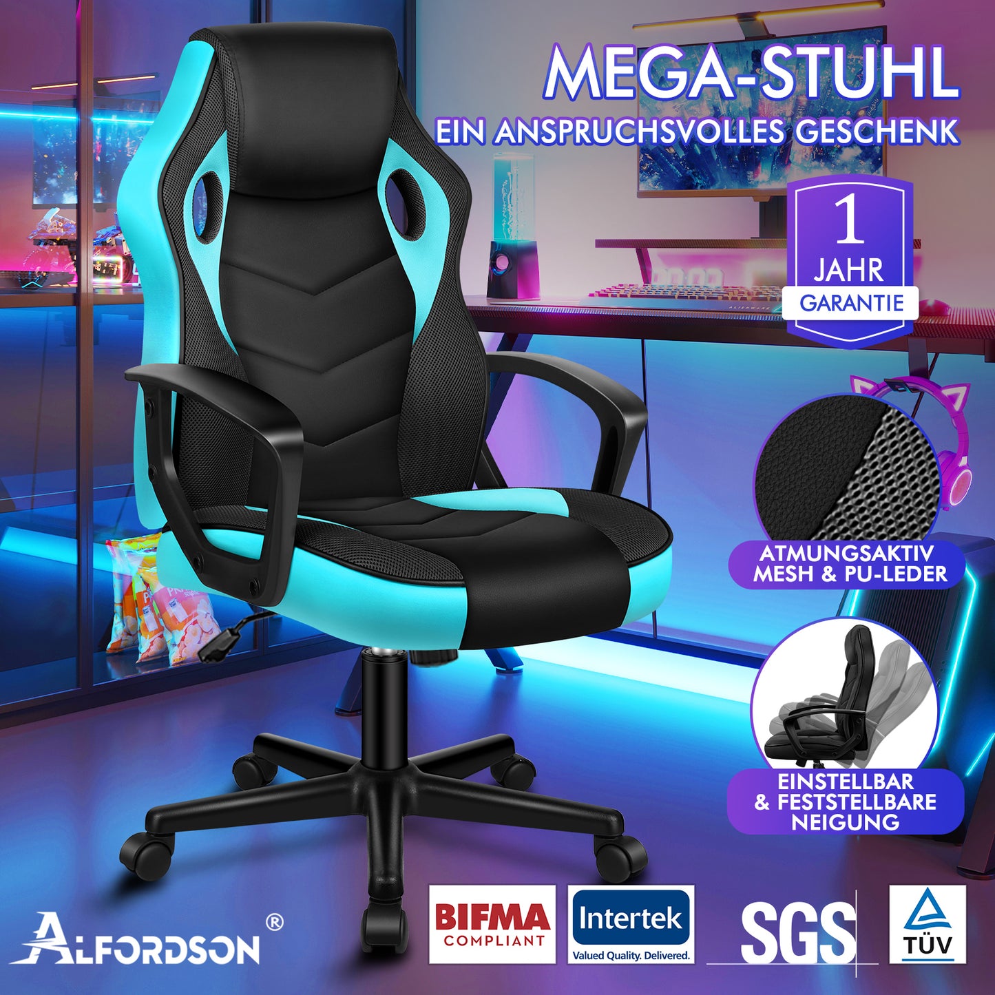ALFORDSON Gaming Stuhl Racing Büro Ergonomisch Drehbar Exekutive Computer Cyan