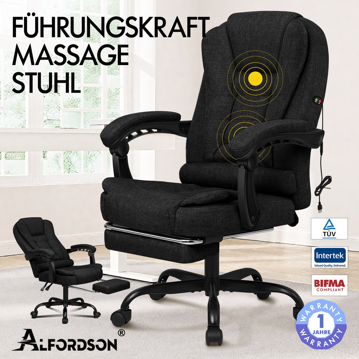 ALFORDSON Massage-Bürostuhl mit Fußstütze Schwarzer Stoff Executive-Gaming-Sitz