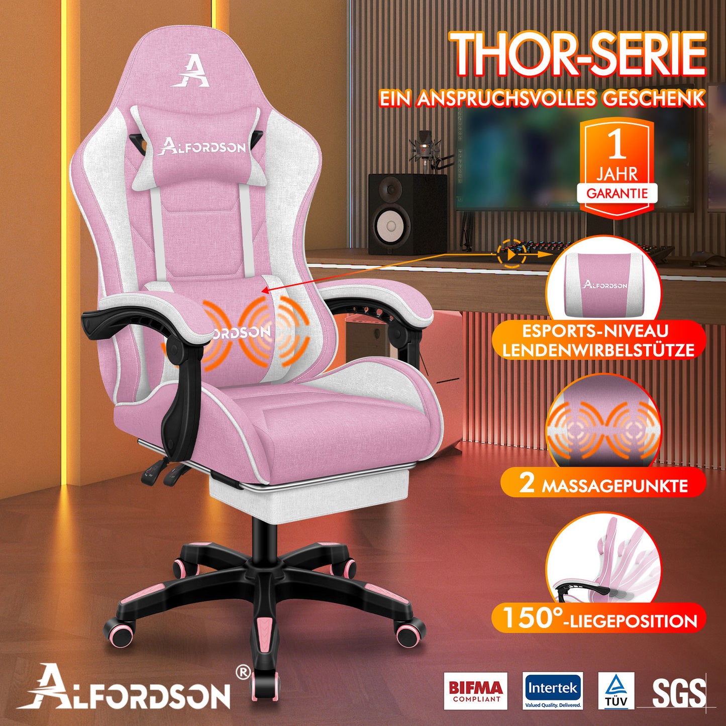 ALFORDSON Massage Office Chair Gaming Executive Seat Linen Fabric Computer Racer, Faux Leather, Pink and White 