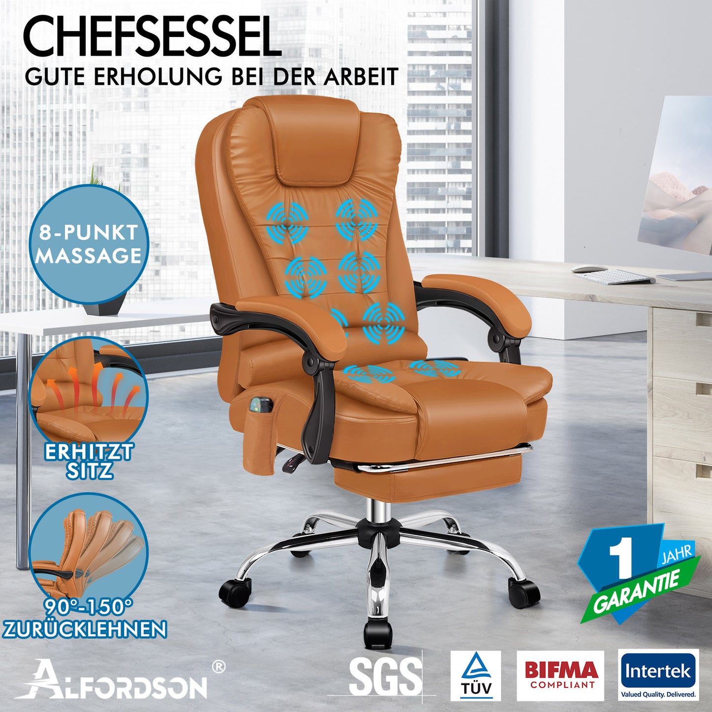 ALFORDSON Massage-Bürostuhl Beheizter Chef-Computersitz Braun