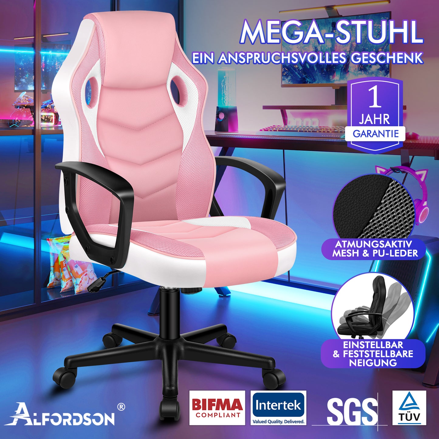 ALFORDSON Gaming Stuhl Racing Büro Ergonomisch Drehbar Exekutive Computer Rosa
