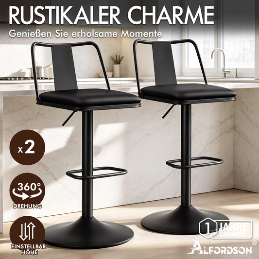 ALFORDSON 2x Barhocker Gaslift Leder Barstühle Küche Drehbar Gloria SCHWARZ